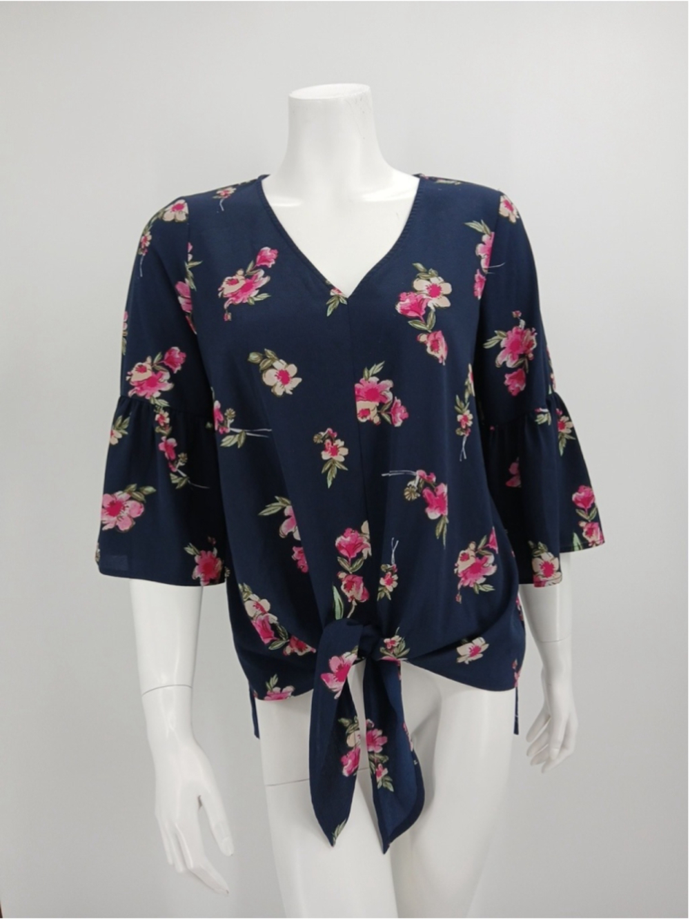Pleione Navy Floral Tiered Bell Sleeve Tie Front V-Neck Blouse Top Womens Size S